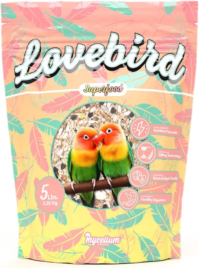 Mycelium Organic Lovebird Superfood (5 LB Bag) | High-Energy Bird Seed for Lovebirds | Premium Seeds, Grains & Superfoods for Brain, Heart, & Digestive Health | Non-GMO, USA Made, No Fillers
