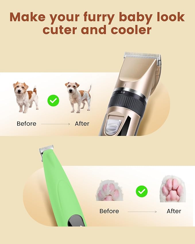 2 in 1 Dog Grooming Kit, Low Noise Rechargeable Dog Clippers for Grooming, Cordless Pet Grooming Clippers and Pet Paw Trimmer, Cat Shavers for Small Dogs Cats Animals Gold Green