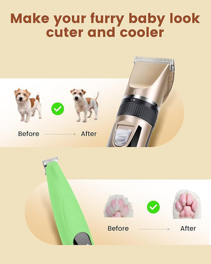 2 in 1 Dog Grooming Kit, Low Noise Rechargeable Dog Clippers for Grooming, Cordless Pet Grooming Clippers and Pet Paw Trimmer, Cat Shavers for Small Dogs Cats Animals Gold Green