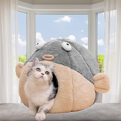 Cat Beds for Indoor Cats - 19.7'' Cute Animal-Shaped Larger Cat Cave Bed,Super Soft Calming cat Tent for Kitten&Puppy,Small Dog,Warm Plush&Machine Washable,Grey Multiple Sizes