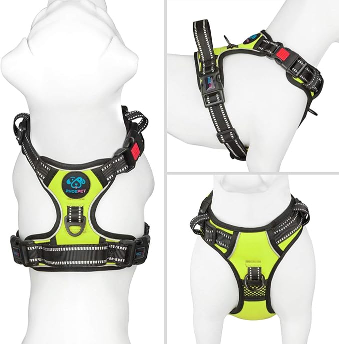 PHOEPET No Pull Dog Harnesses for Small Dogs Reflective Adjustable Front Clip Vest with Handle 2 Metal Rings 3 Buckles [Easy to Put on & Take Off] (XS, Green)