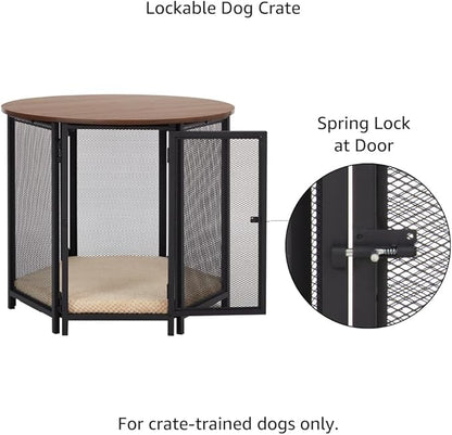beeNbkks Hexagon Dog Crate Furniture for Small Dogs with Removable Cushion, Walnut Finish Pet Furniture, Stylish Functional Dog Crate End Table, Removable Washable Cushion Cover, Ideal for Home Décor