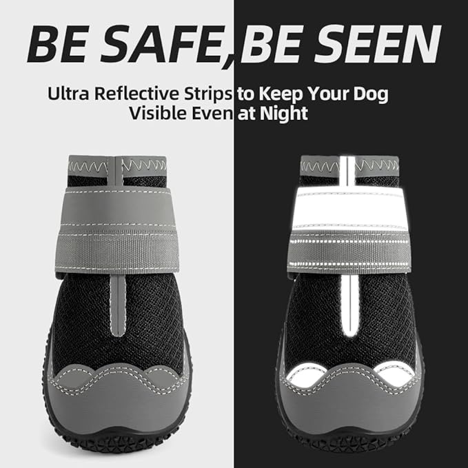 Dog Shoes for Large Dogs, Medium Dog Boots & Paw Protectors for Hardwood Floors, Outdoor Dog Booties for Hot Pavement Winter Snow Hiking, Breathable Dog Shoes with Reflective Strips Size 4