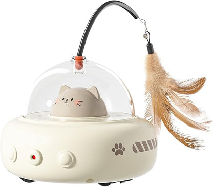 hooroor Laser Cat Toy for Indoor Cats,2 in 1 UFO-Vehicle Automatic Motion with Feather,Rechargeable Electronic Smart Sensor,Interactive Toys for Bored Cats/Kittens/Dogs,Ideal Gift (White Updated)
