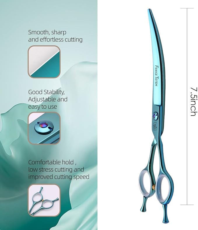 Dog Grooming Scissors: Blueish Green 7.5 inch Professional Pet Curved Shears Made Of Japanese 440C Advanced Stainless Steel for Dogs Cats and Other Pets