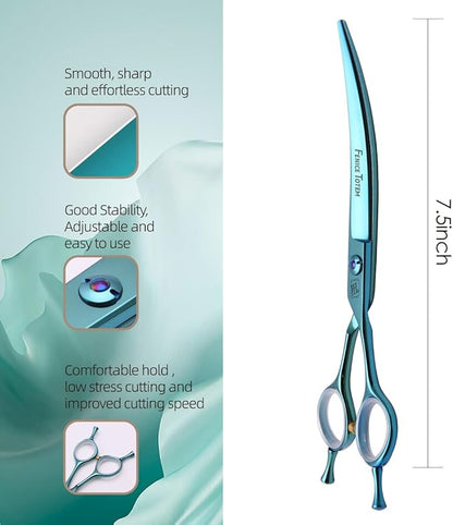 Dog Grooming Scissors: Blueish Green 7.5 inch Professional Pet Curved Shears Made Of Japanese 440C Advanced Stainless Steel for Dogs Cats and Other Pets