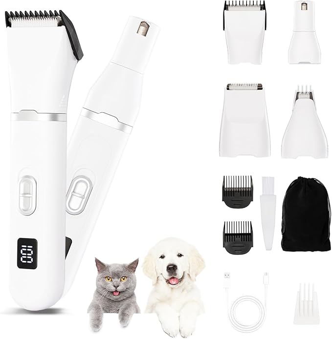 Dog Grooming Kit Hair Clipper, 4 in 1 Pet Dog Clippers for Grooming Hair Shaver with Nail Grinder Dog Paw Trimmer, Cordless Quiet Electric Trimmer for Dogs Cats Pets