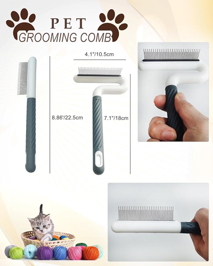 2 PCS Pet Comb with Long & Short Stainless Steel Teeth,Flea and Tick Comb for Dogs & Cats,Pet Grooming Brush for Short&Long Hair,2 different shapes with Rubber Handle