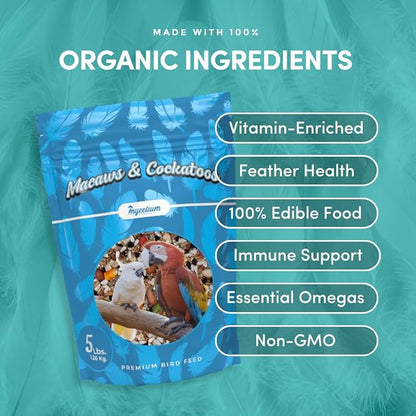 Mycelium Premium Macaw & Cockatoo Food | High Protein & Fiber | Safe & Clean Pet Bird Food | Seed Blend with Vitamins, Corn, Buckwheat, Sunflower, Peanuts & Hemp Seed | Organic, Non-GMO 5 lb Bag