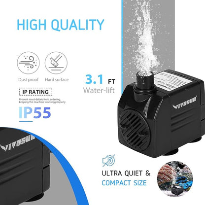 VIVOSUN 120GPH Submersible Pump(450L/H, 6W), Ultra Quiet Water Pump with 3.1ft High Lift, Fountain Pump with 5ft Power Cord, 2 Nozzles for Fish Tank, Aquarium, Statuary, Hydroponics