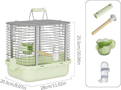 Bird Carrier Travel Cage, Durable Portable Stainless Steel Birdcage with Bird Perch & Feeding Bowl for Parrots Canaries Budgies Lovebirds Conures Cockatiels (Small Light Green)