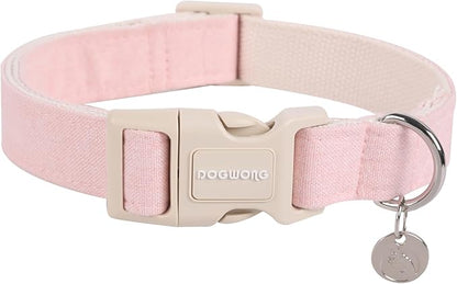 DOGWONG Cotton Hemp Dog Collar, Heavy-Duty Pink Dog Collar Adjustable Soft Natural Fabric Pet Cute Wedding Puppy Necklace for Small Medium Large Dogs