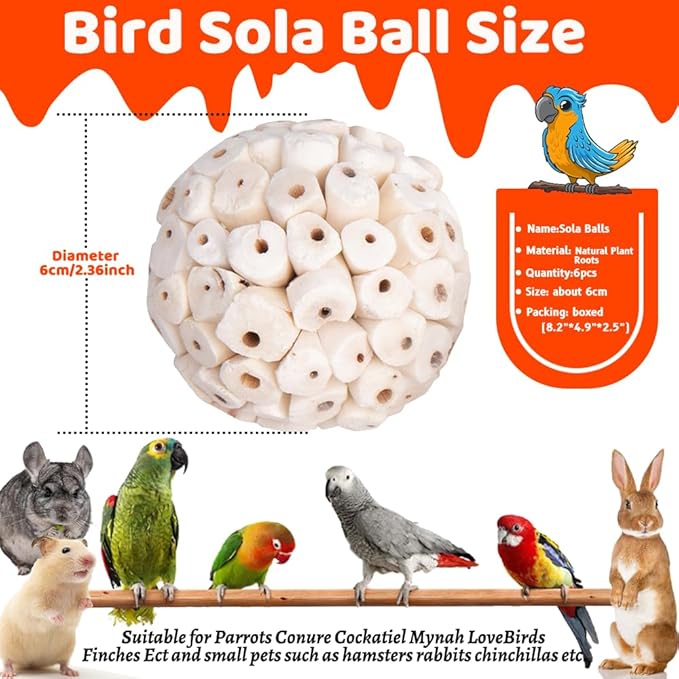 6 Pack Bird Toy Sola Balls, Natural Parrot Soft Chew Shredding & Foraging Toy, Bird Foot Balls for Cockatiel Conure Quaker Budgie Parakeet Bunny Guinea Pig Chinchilla Rabbit