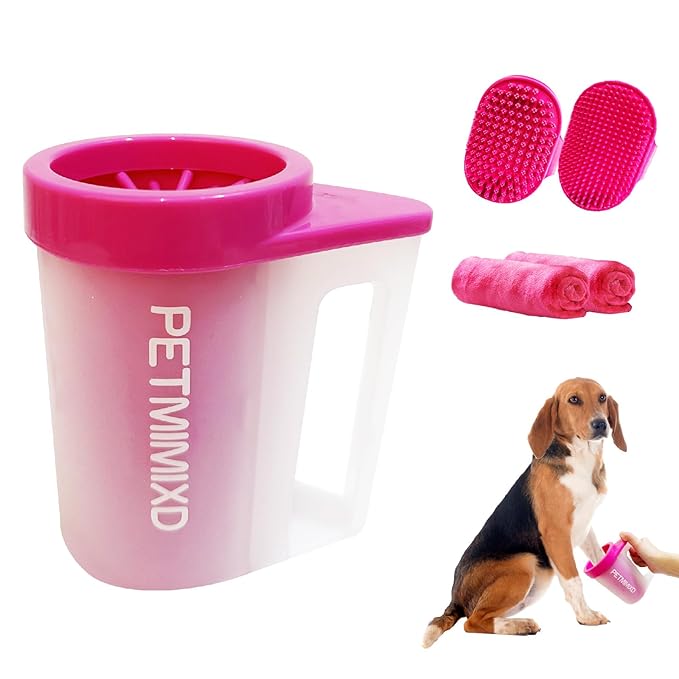 Dog Paw Washer with Handle, Absorbent Towels, Adjustable Bath Brush for Short & Long Hair (Muddy Pet Foot Cleaner), Pink, Medium