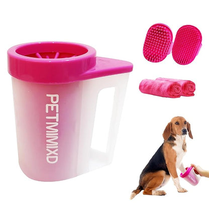 Dog Paw Washer with Handle, Absorbent Towels, Adjustable Bath Brush for Short & Long Hair (Muddy Pet Foot Cleaner), Pink, Medium