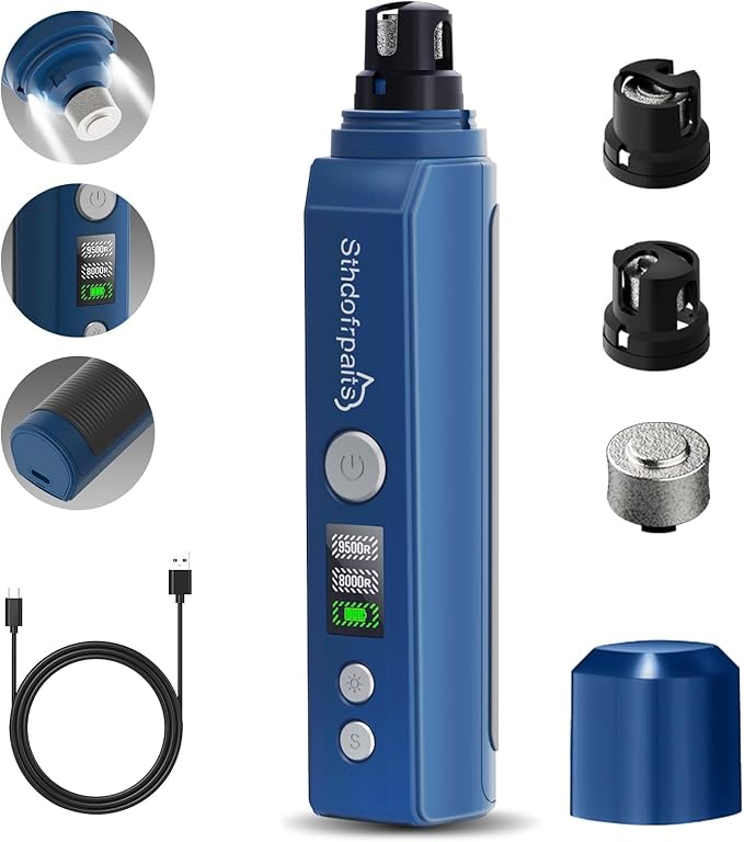 Dog Nail Grinder, 2-Speed & LED Light Rechargeable 2000mAh Powerful Super Quiet Dog Nail Trimmers Polisher Clippers Pet Paws Grooming & Smoothing for Small to Large Dogs