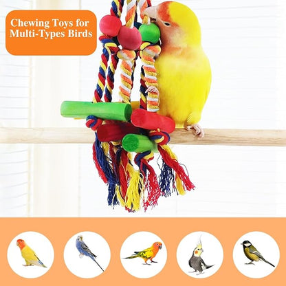 2 Pack Dangly Rope Bird Toys, Parakeet & Conure Toys with Multicolored Natural Wood, Chewing Toy Hanging Bird Cage Accessories for Parakeet Conure Cockatiel Parrot Lovebird