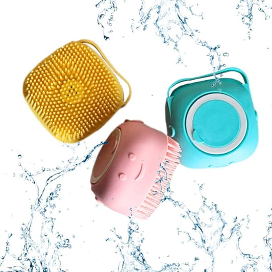Pet Brush with Shampoo Dispenser - Yellow Silicone Bath Brush with Soap Scrubber for Relaxing & Non-Stress Grooming of Dogs and Puppies