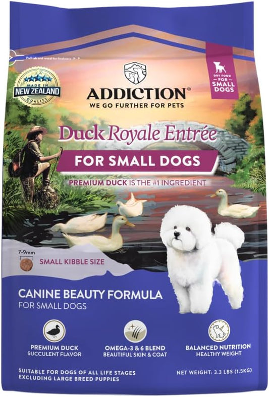 Addiction Duck Royale Entrée Premium Small Breed Dry Dog Food - Ideal for Puppies, Adults & Seniors - Grain-Free/Gluten-Free Kibbles for Small Dogs - 3.lb Bag Crafted in New Zealand