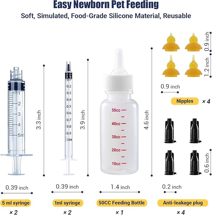 Kitten Bottle Feeding Kit, Pet Bottle, Silicone Nipples, 10 FR Feeding Tube, Pet Pill Shooter, Aspirator Bulb, Small Animal Feeding Supplies, for Tiny Animal, Kitten, Puppy, Rabbit, Squirrels