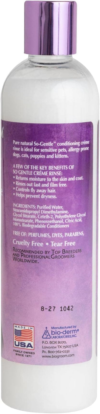Bio-Groom So-Gentle Hypoallergenic Dog Conditioner  Tearless, Cat & Dog Bathing Supplies, Puppy Wash for Gentle Skin, Cruelty-Free, Made in USA, Tear-Free Dog Products  12 fl oz 1-Pack