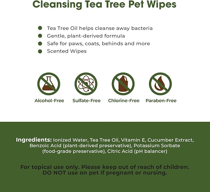 Best Pet Supplies Pet Grooming Wipes for Dogs, 100 Pack, Plant-Based Deodorizer for Coats & Dry, Itchy, or Sensitive Skin, Clean Ears, Paws, Body, & Butt - Cleansing Tea Tree