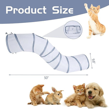Sheldamy Cat Tunnel, S-2-Way Cat Tunnels for Indoor Cats, Collapsible Cat Play Tunnel, Interactive Toy Maze Cat House with 1 Play Ball for Cats, Puppy, Kitty, Kitten, Rabbit (White & Gray)