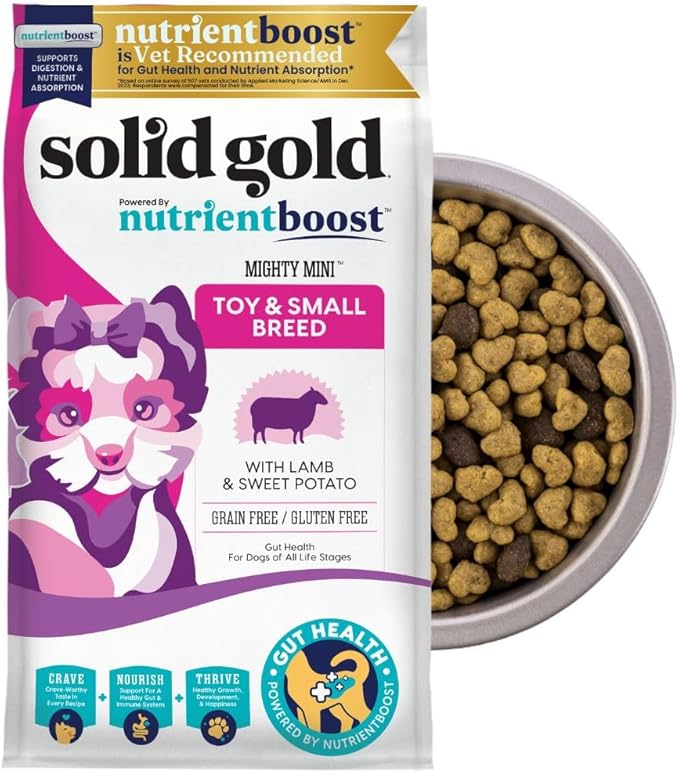 Solid Gold Toy & Small Breed Dry Dog Food Small Bites  Real Lamb, Grain Free, Gluten Free, High Fiber Healthy Kibble w/Probiotics for Gut Health & Digestion Support All Ages NutrientBoost 11LB