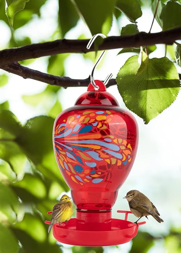 Colorful Glass Wild Bird Waterer 32 Oz Bird Water Feeder for Outdoors Garden Outside Water Cooler Tree Yard Decoration (Red)