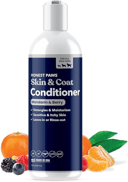 Honest Paws Dog Conditioner - Detangle & Moisturize - Premium Pet Conditioner for Itchy and Dry Skin - Hydrate Sensitive Skin - Shiny Coat Soft Hair Smooth Fur - Mandarin & Berry - 16oz