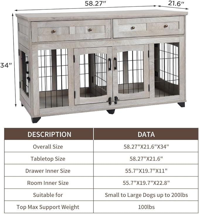 2 Dog Crate Furniture for Large Breeds,Large Dog Kennel Furniture TV Stand,58" Wooden Dog Kennel End Table with Drawers,Double Dog House with Divider