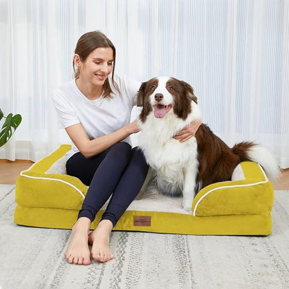 Orthopedic XL Dog Beds, Waterproof Extra Large Dog Bed with Bolster, Washable Dog Bed Sofa with Removable Cover & Non-Slip Bottom(X-Large,Spicy Mustard)