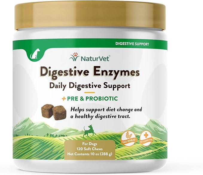 NaturVet  Digestive Enzymes - Plus Probiotics & Prebiotics  Helps Support Diet Change & A Healthy Digestive Tract  for Dogs & Cats (Soft Chews, 120 Count)