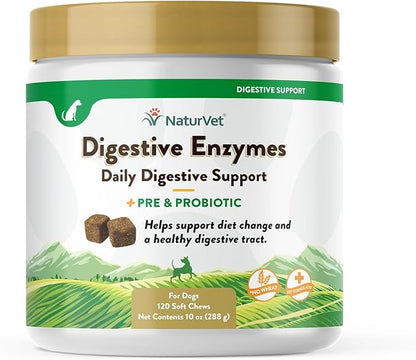 NaturVet  Digestive Enzymes - Plus Probiotics & Prebiotics  Helps Support Diet Change & A Healthy Digestive Tract  for Dogs & Cats (Soft Chews, 120 Count)