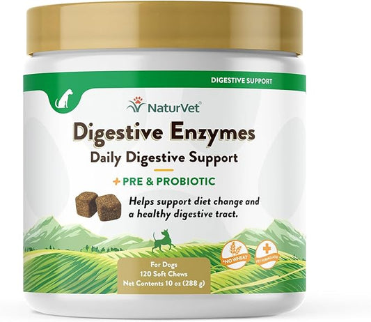 NaturVet  Digestive Enzymes - Plus Probiotics & Prebiotics  Helps Support Diet Change & A Healthy Digestive Tract  for Dogs & Cats (Soft Chews, 120 Count)