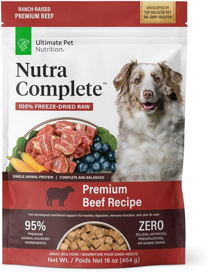 ULTIMATE PET NUTRITION Nutra Complete, 100% Freeze Dried Veterinarian Formulated Raw Dog Food with Antioxidants Prebiotics and Amino Acids (1 Pound, Beef)