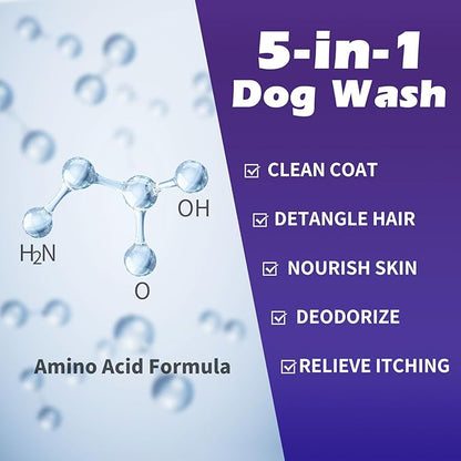 Comotech 3PCS Dog Bath Kit | 5-1 Dog Shampoo and Conditioner | Dog Bath Brush | Dog Scrubber for Bath | Amino Acid Formula (Natural Coconut Oil) Suitable for Puppies and All Pets with Hair - 17oz