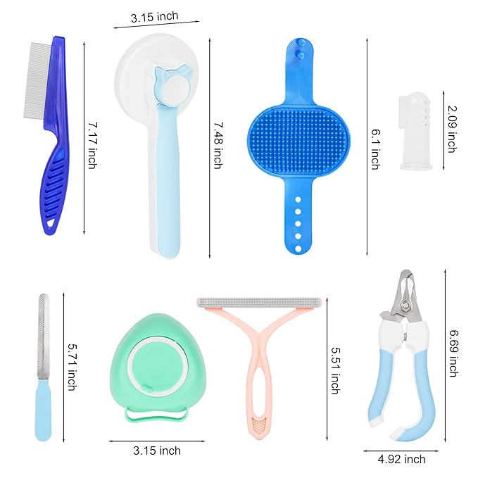 9 Pcs Dog and Cat Grooming Kit, Self-Cleaning Depilatory Comb, Finger Toothbrush and Bath Brush, Complete Pet Care Tool Kit for Long and Short Hair Dogs and Cats, for Clean Teeth and Skin