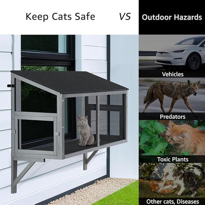 beeNbkks Bug Proof Cat Catio, Window Cat House with Metal Mesh, Outdoor Enclosure for Indoor Pets, Expandable Wooden Perch, Safe Comfortable Haven for Pets, Keep Bugs Insects Out