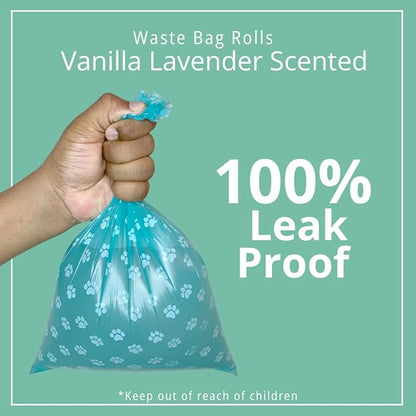 Vanilla Lavender Scent 180 Dog Poop Bags Rolls (12 rolls) & 25 Individual Pet Wipes - 2 in 1 Calming Cleaning Kit for Pet Owners, Cat Litter, Dog Leash, Pet Supplies, Puppy Pads.