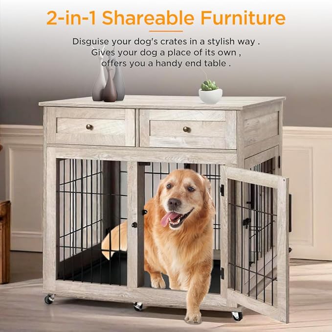 Dog Crate Furniture, Wooden Dog Kennel with Room Divider and Tray, Double Rooms Dog Cage, Wooden Dog Crate Table with 2 Drawers End Table