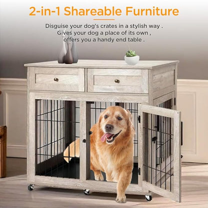 Dog Crate Furniture, Wooden Dog Kennel with Room Divider and Tray, Double Rooms Dog Cage, Wooden Dog Crate Table with 2 Drawers End Table
