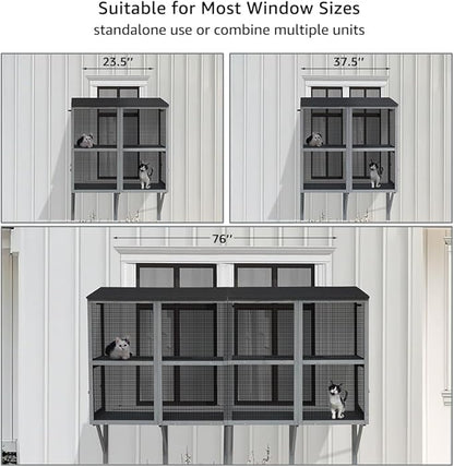 beeNbkks 2 Tiers Bug Proof Cat Catio, Window Cat House with Metal Mesh, Outdoor Enclosure for Indoor Pets, Expandable Wooden Perch, Safe Comfortable Haven for Pets, Keep Bugs Insects Out