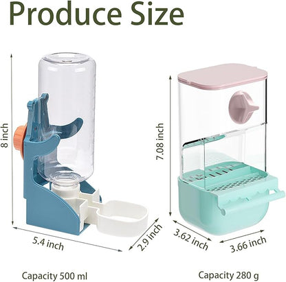 No Mess Bird Feeder Water Dispenser Set, Automatic Transparent Parrot Feeder Acrylic Parrot Food Container Drinker Cage Accessories for Small Birds Canary Parakeet Finch (Blue+Blue, 1)
