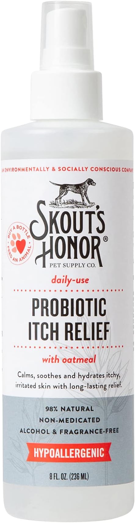 SKOUT'S HONOR Probiotic Itch Relief Spray for Pets - Non-Medicated, Fragrance-Free, Natural, Vegan, Long-Lasting Relief, with Soothing Oatmeal, 8 oz