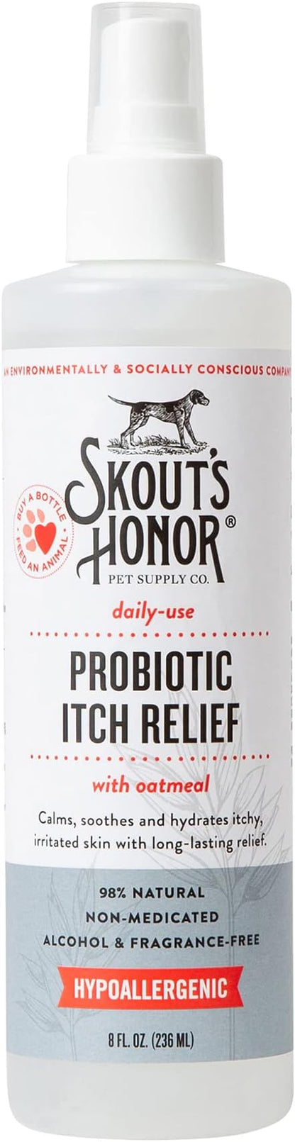 SKOUT'S HONOR Probiotic Itch Relief Spray for Pets - Non-Medicated, Fragrance-Free, Natural, Vegan, Long-Lasting Relief, with Soothing Oatmeal, 8 oz