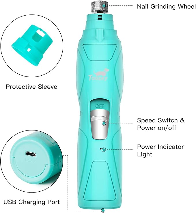 Toozey Dog Nail Grinder with LED Light, Professional 2-Speed Electric Pet Nail Trimmer with 2 Grinding Wheels, Rechargeable Quiet Dog Nail File Painless Paws Grooming for Small Medium Large Dog & Cat