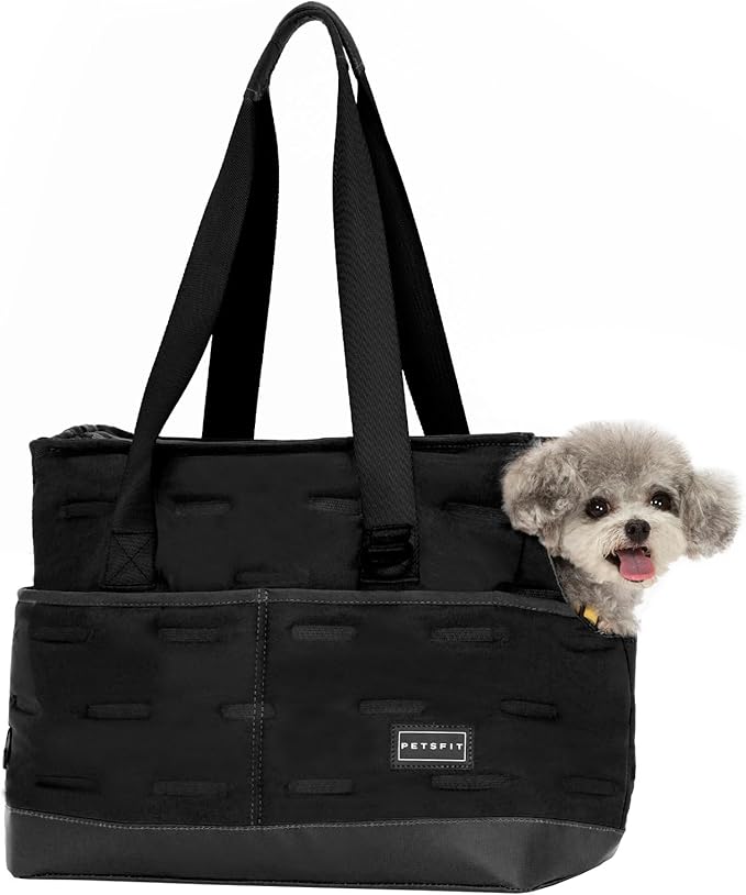 Petsfit Small Dog Purse Carrier, Portable Pet Carrier Tote Cat Carrier with Adjustable Safety Leashs, Pocket, Poop Dispenser, Waterproof TPU Bottom, Black
