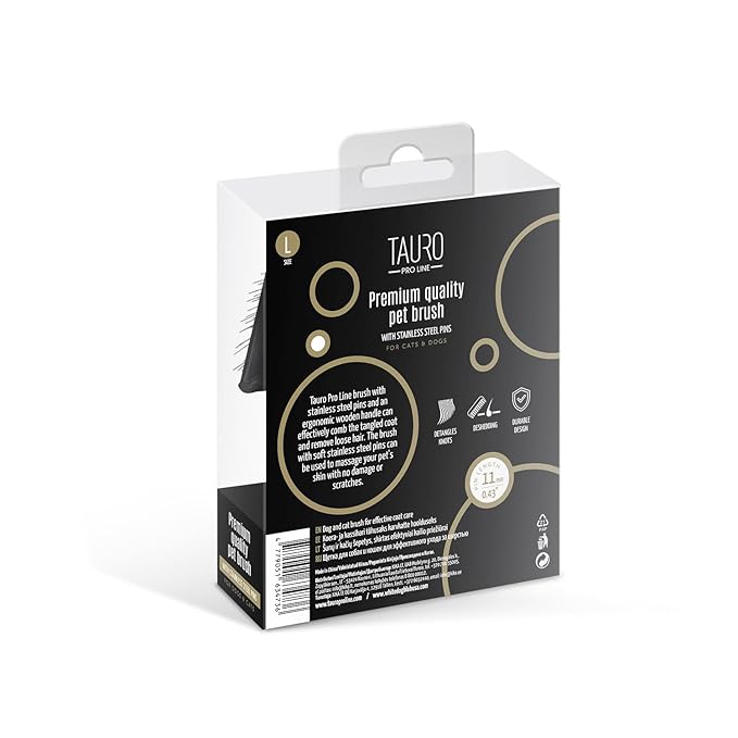 TAURO PRO LINE Wooden Dog Brush for Shedding Long and Short Hair, Wooden Soft Slicker for Grooming Haired Dogs and Cats, Metal Teeth And Sleek Design, 5,31 x 4,72 inch, L, Brown