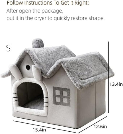 Luxury Double Roof Indoor Dog House Cat Nest,Foldable Warm Soft Kennel,30D High Elastic Memory Sponge,Removable Cushion and Non-Slip Bottom (Grey Double Roof, S)